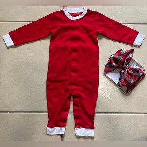 Caprilina Baby Girl 9-12 M Red/White Pima Cotton Footed Jumsuit/ Plaid Headband